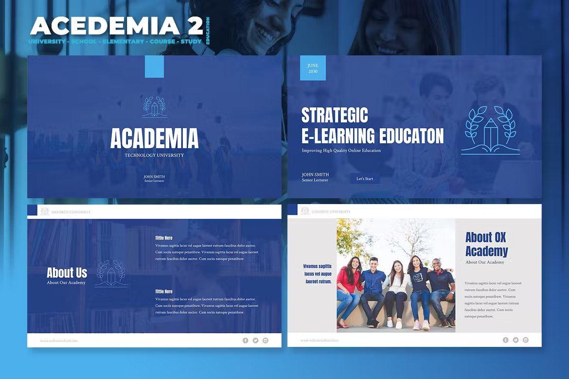 White lettering "Acedemia 2" and a set of 4 different academia university school presentation templates in white, blue and gray on a blue background.