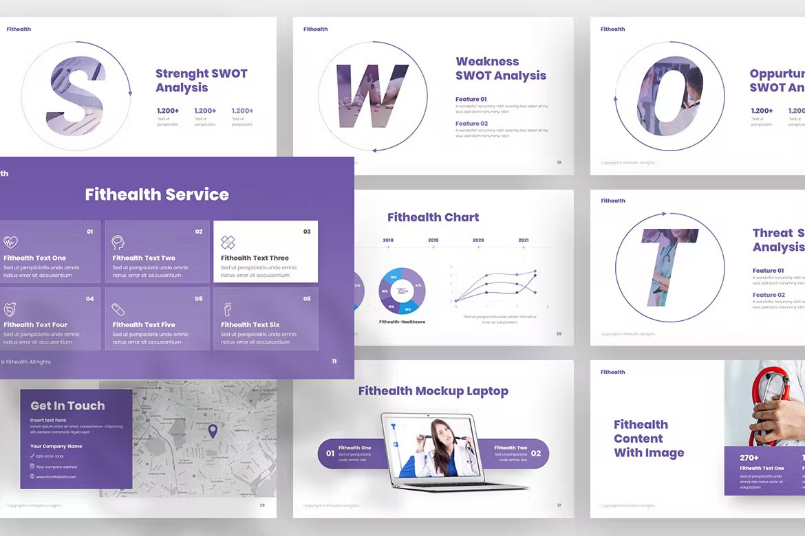 A set of 9 different fithealth health professional powerpoint templates in white, purple and black on a gray background.