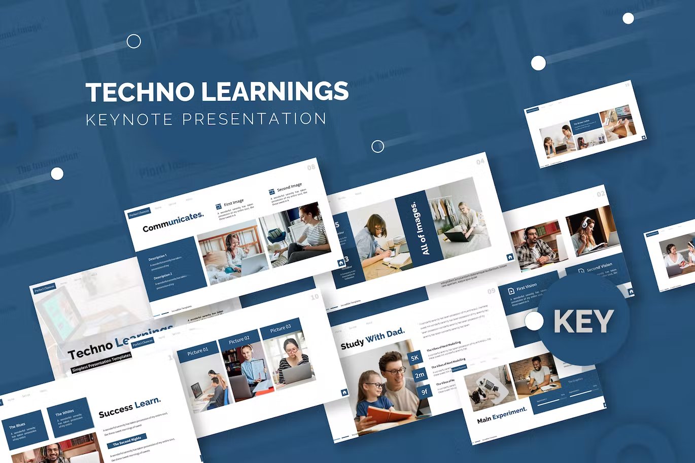 White lettering "Techno Learnings Keynote Presentation" and different presentation templates on a blue background.