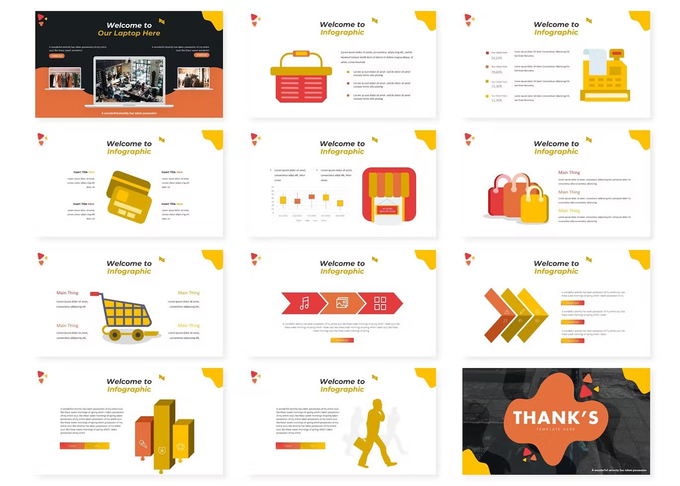 A set of 12 different shop powerpoint templates in red, orange, yellow, white and dark gray on a white background.