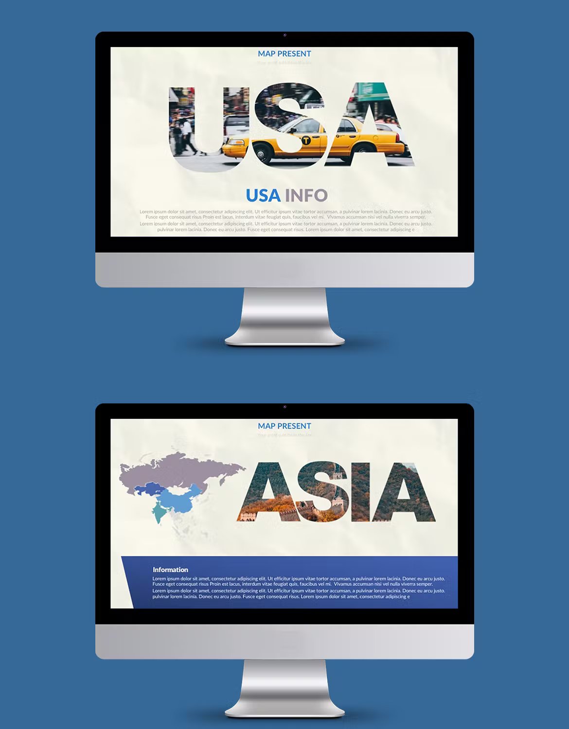 2 IMac mockups with different assign powerpoint templates on a blue background.