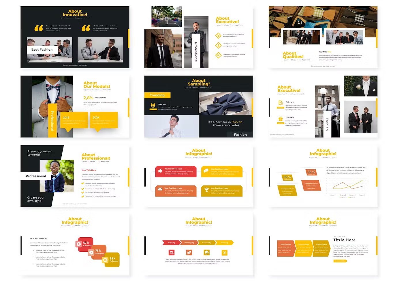 A set of 12 different executive - powerpoint templates in black, white, red and yellow on a white background.