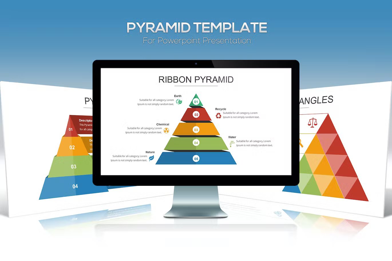 White lettering "Pyramid Template" and mockup IMac with presentation template on a white and blue background.