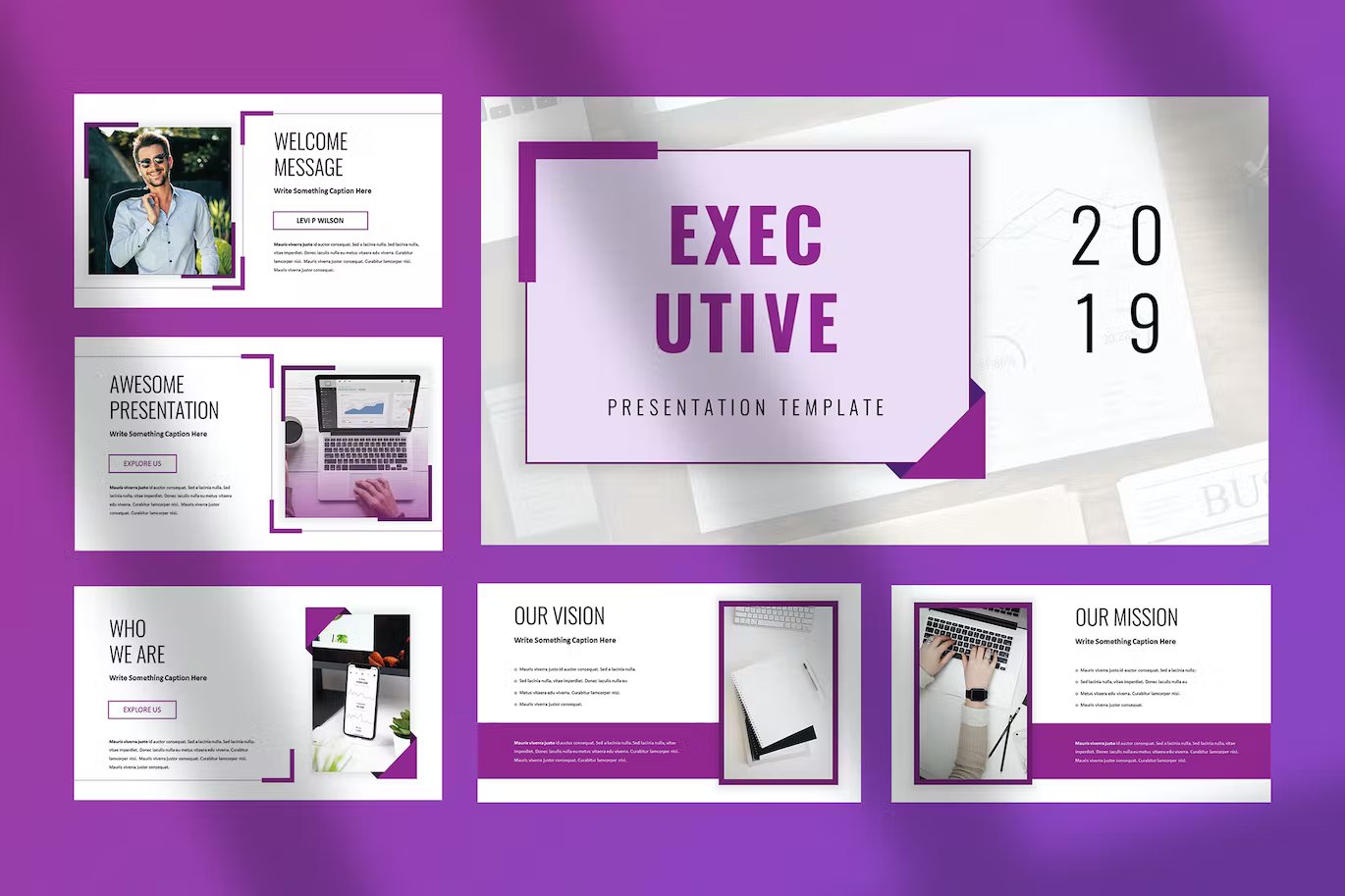 A set of 6 different executive - powerpoint presentation for business templates in white, purple and black on a purple background.