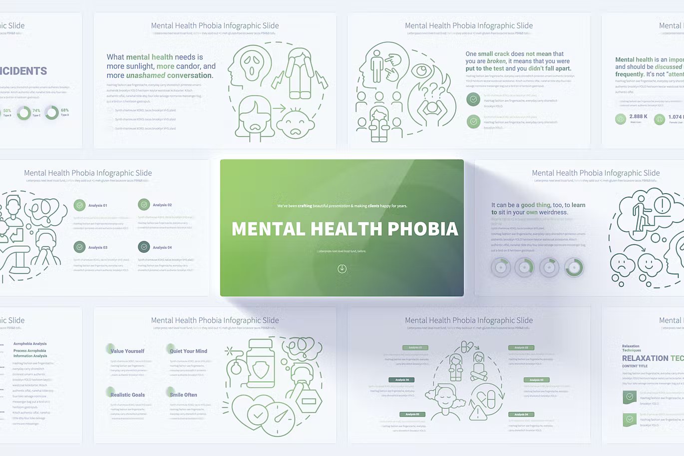 A set of different mental health phobia - powerpoint templates in black, white and green on a gray background.