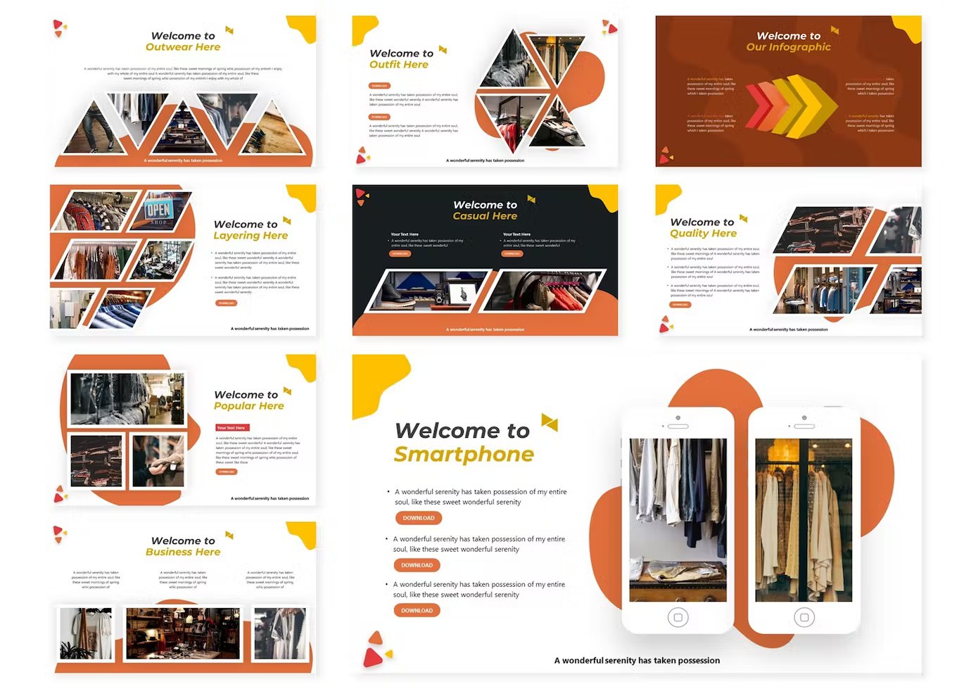 A set of 9 different shop google slides templates in red, orange, yellow, white and dark gray on a white background.