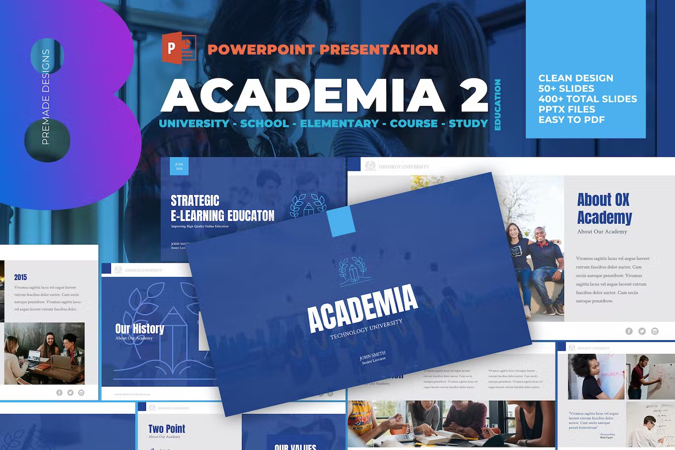 White lettering "Academia 2" and a set of different academia university school presentation templates in white, blue and gray on a blue background.
