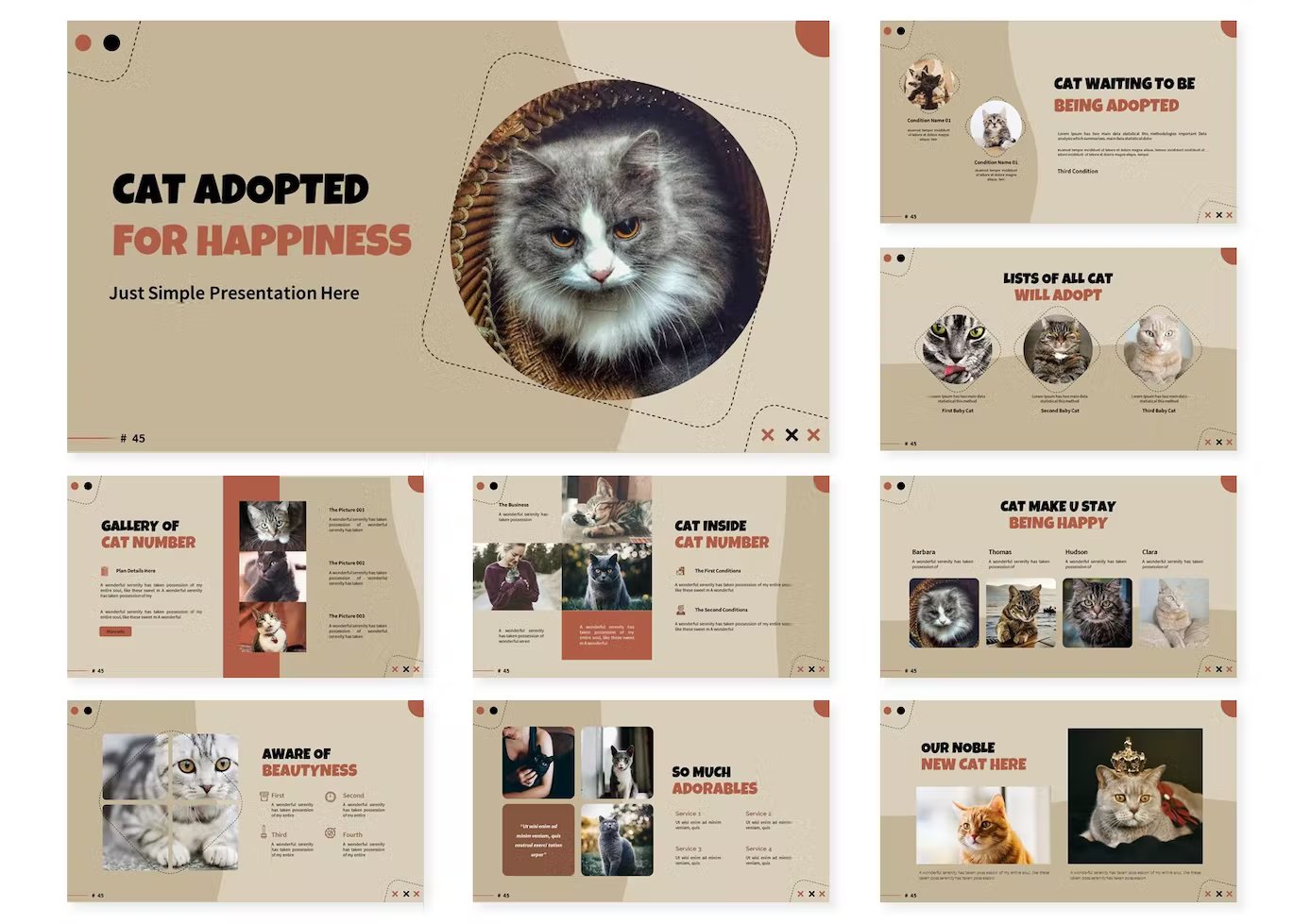 A set of 9 different cat adopted for happiness keynote templates in beige, black, gray and pink on a white background.