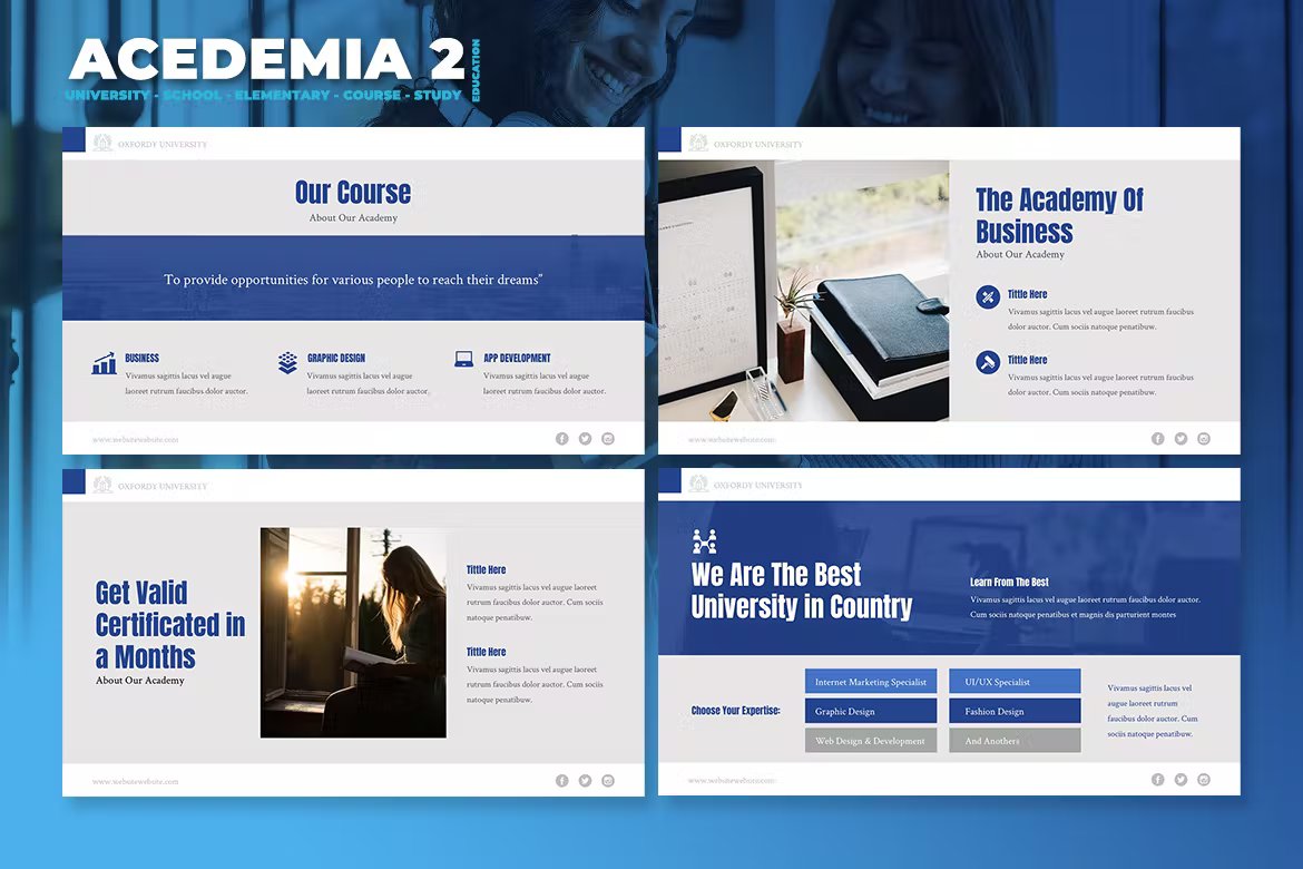 White lettering "Acedemia 2" and a set of 4 different academia university school presentation templates in white, blue and gray on a blue background.