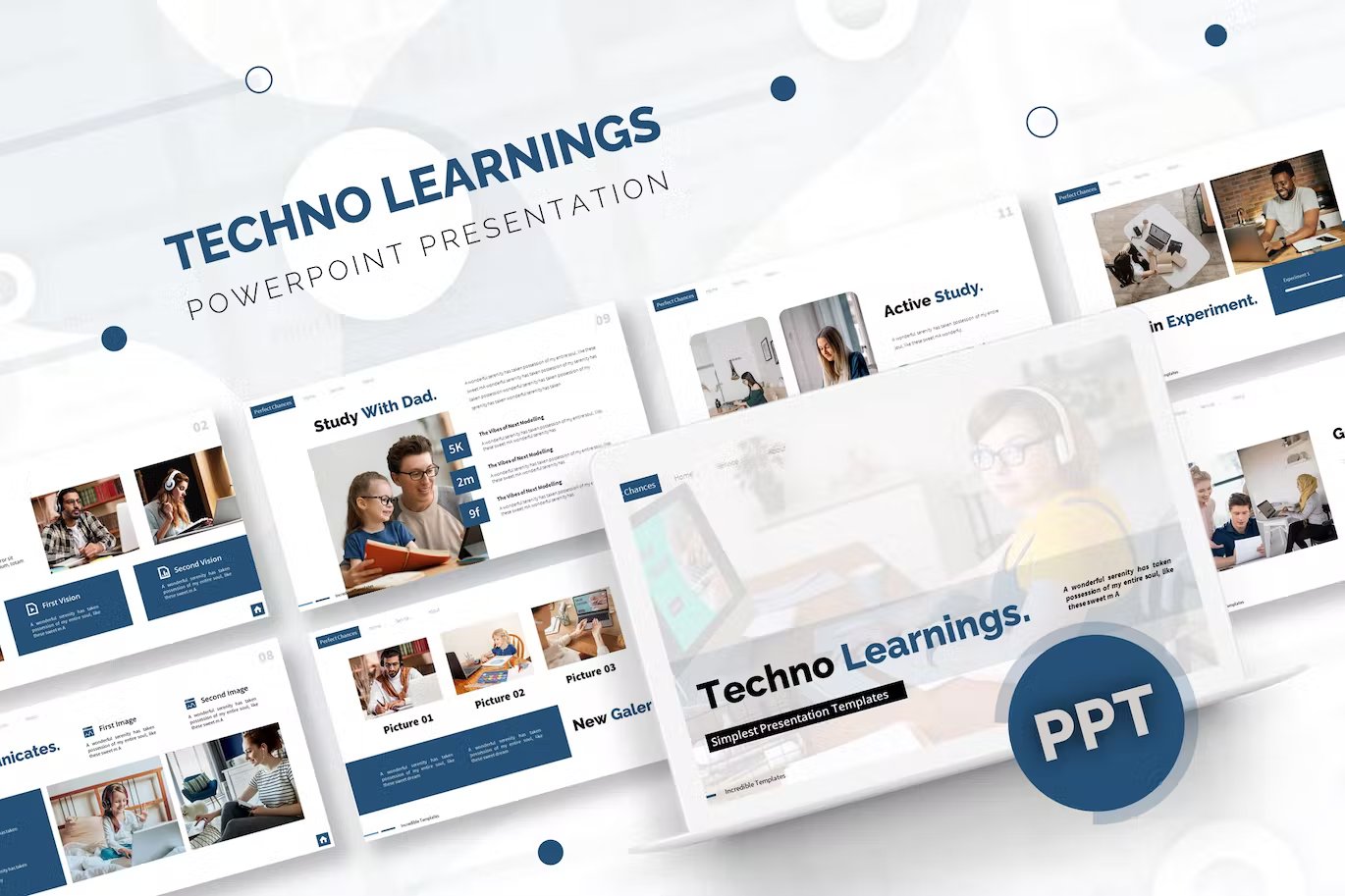 Blue lettering "Techno Learnings Powerpoint Presentation" and different presentation templates on a gray background.