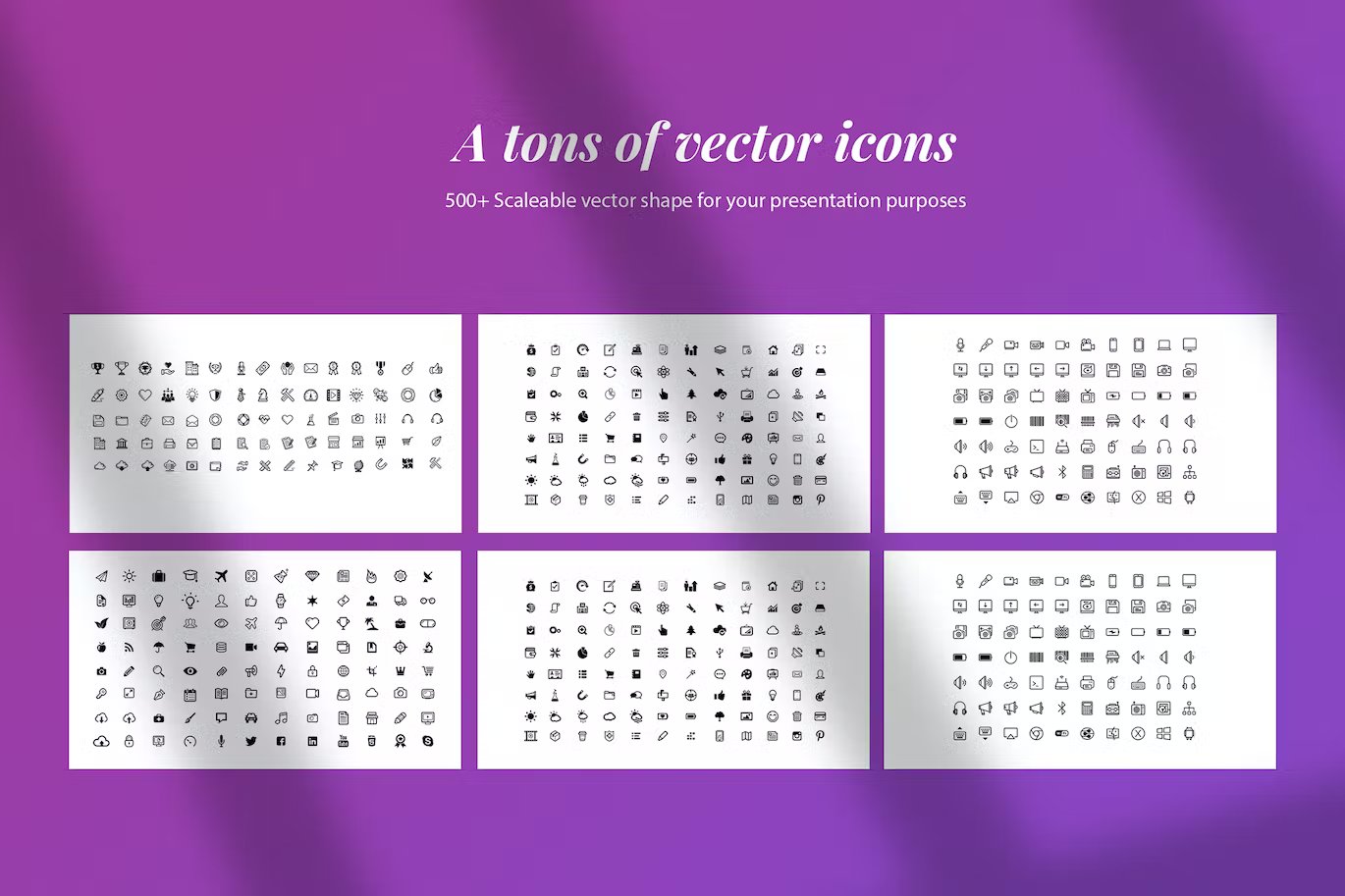 White lettering "A tons of vector icons" on a purple background and 6 templates with different black vector icons on a white background.