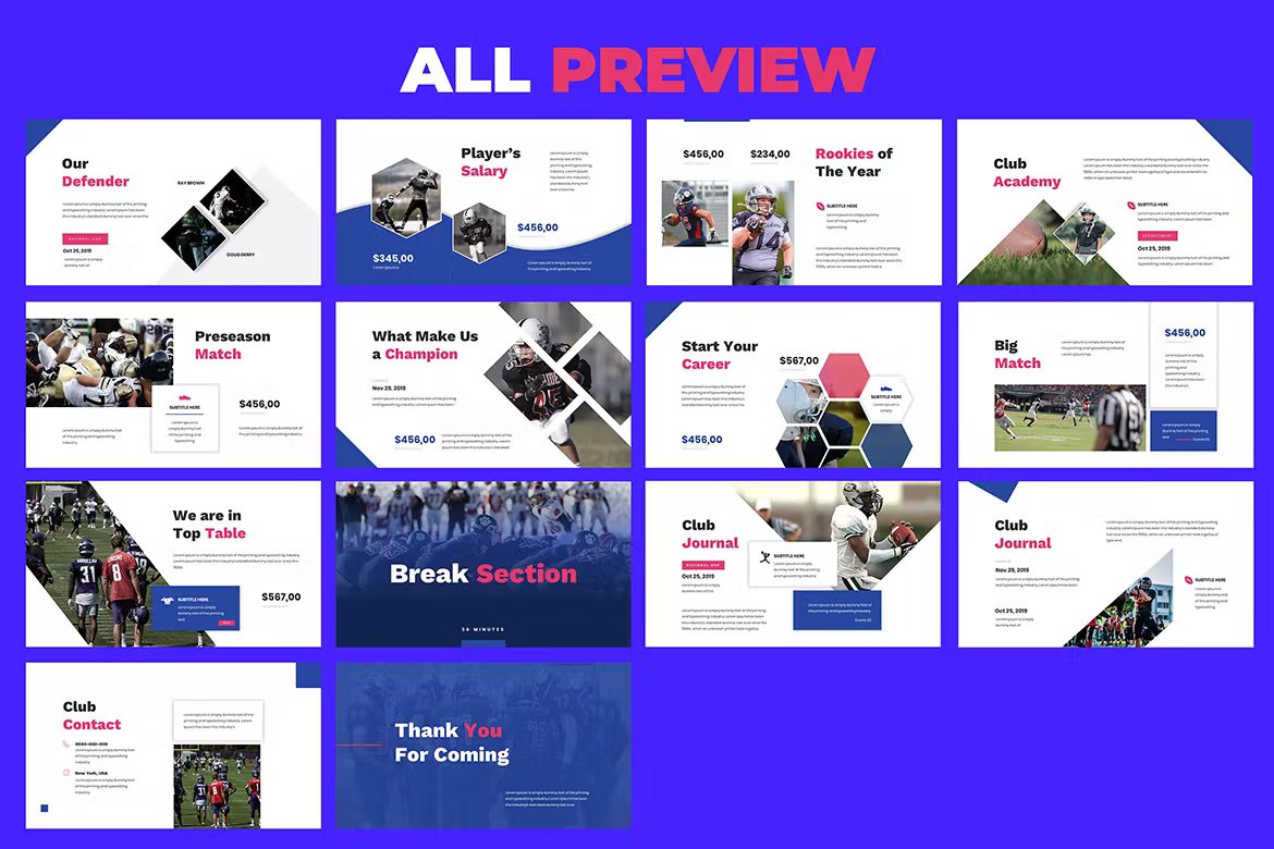 A set of 14 different american football powerpoint templates in blue, white, pink and black on a blue background.