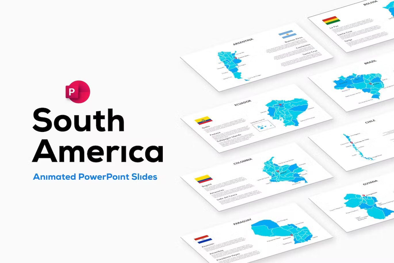 Black and blue lettering "South America Animated PowerPoint Slides" and different presentation templates on a gray background.