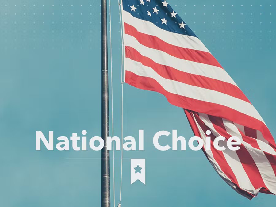 White lettering "National Choice PowerPoint" and the American flag on a turquoise background.
