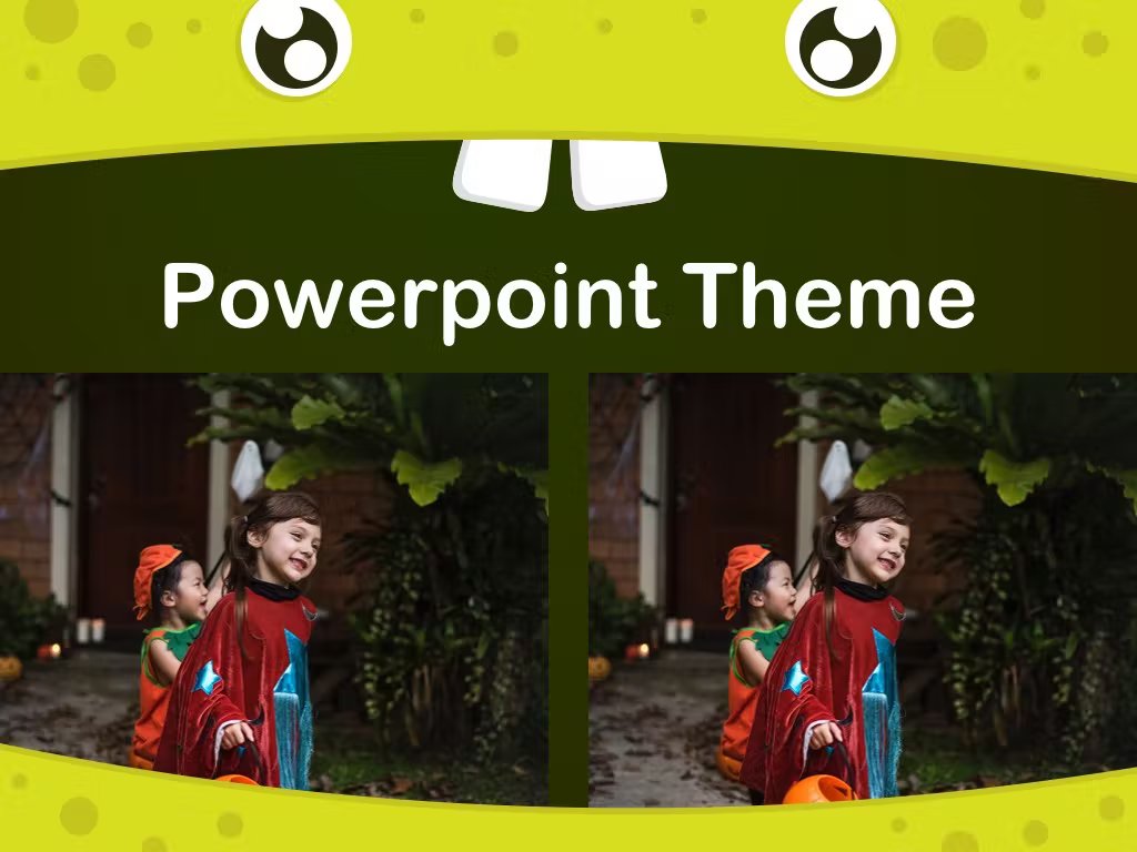 White lettering "Powerpoint Theme" and 2 photos with children on a dark green background in a green critter.