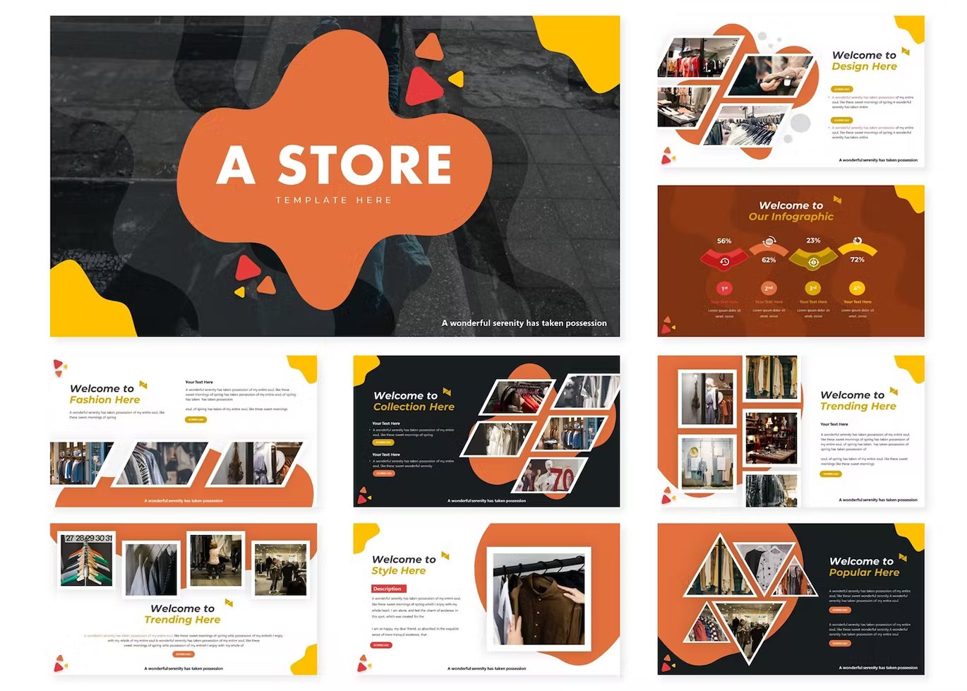 A set of 9 different shop google slides templates in red, orange, yellow, white and dark gray on a white background.
