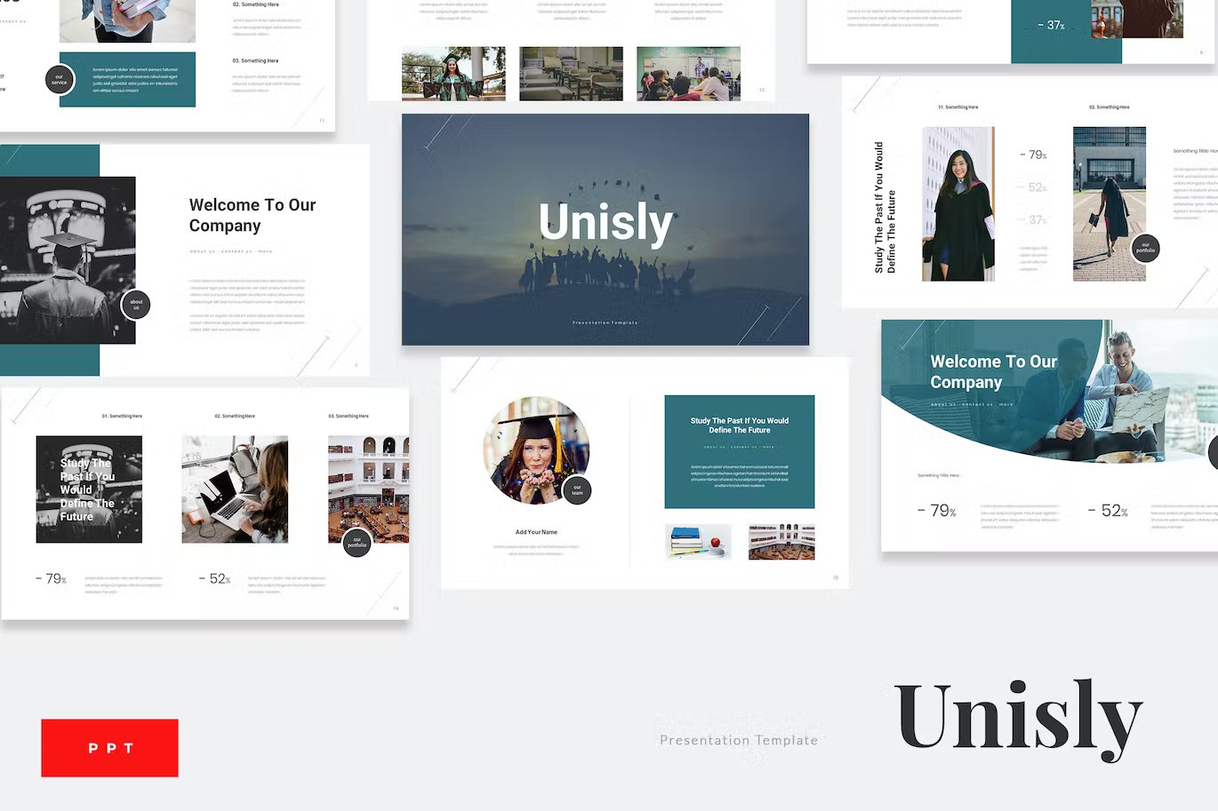 Black lettering "Unisly" and different unisly university education presentation templates in turquoise, white, blue and black on a gray background.
