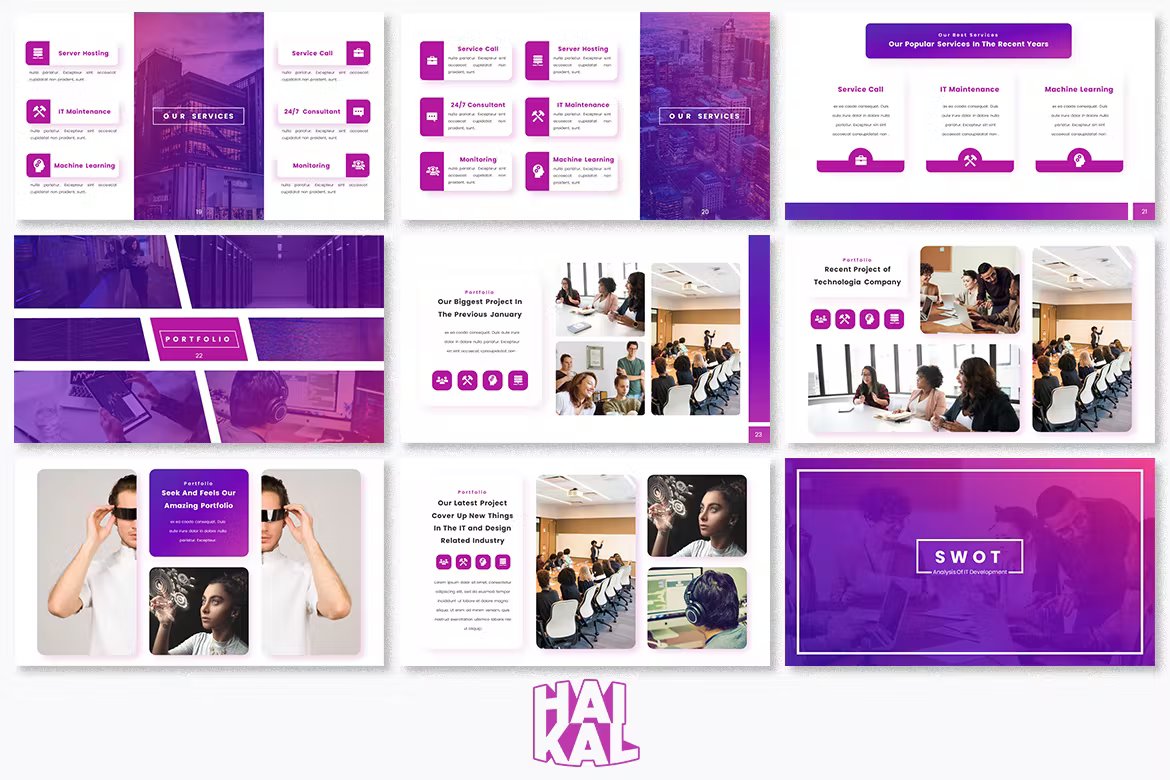 A set of 9 different information technology powerpoint template in white and purple on a white background.