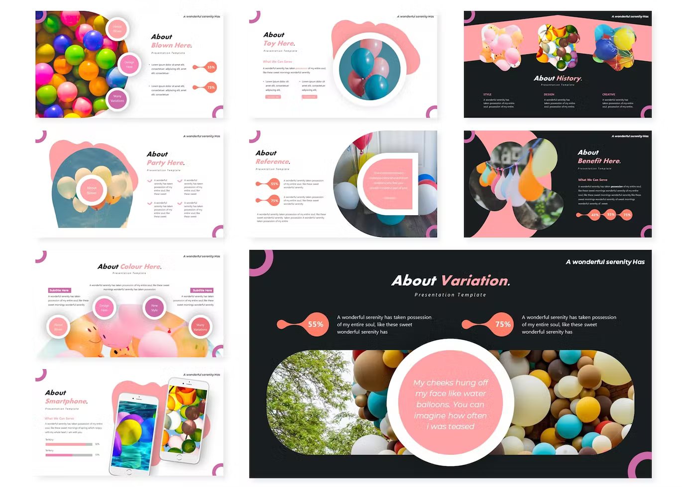 A set of 9 different the balloons powerpoint templates in pink, white, blue and black on a white background.
