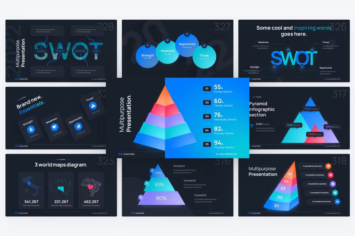 A set of 9 different pyramid, maps & swot powerpoint template in blue, green, orange, red and black on a gray background.