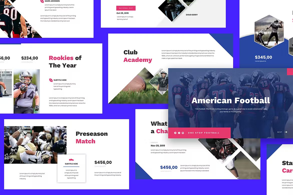 A set of different american football powerpoint templates in blue, white, pink and black on a blue background.
