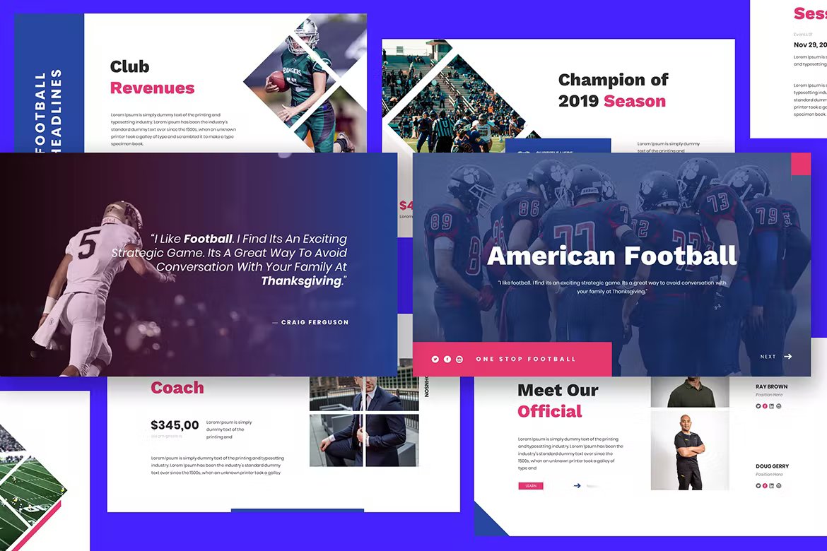 A set of different american football powerpoint templates in blue, white, pink and black on a blue background.