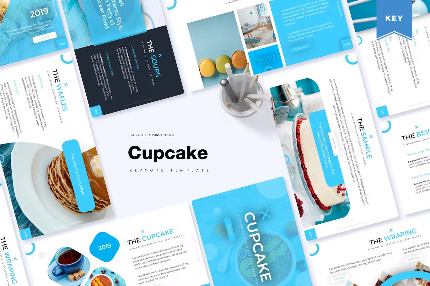 Black lettering "Cupcake Keynote Template" and different cupcake keynote templates in blue, white, dark blue and black on a white background.