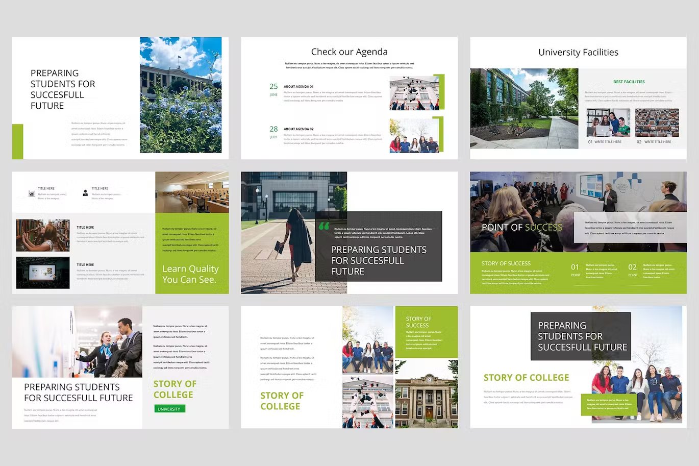 A set of 9 different college university presentation templates in green, gray, white and black on a gray background.