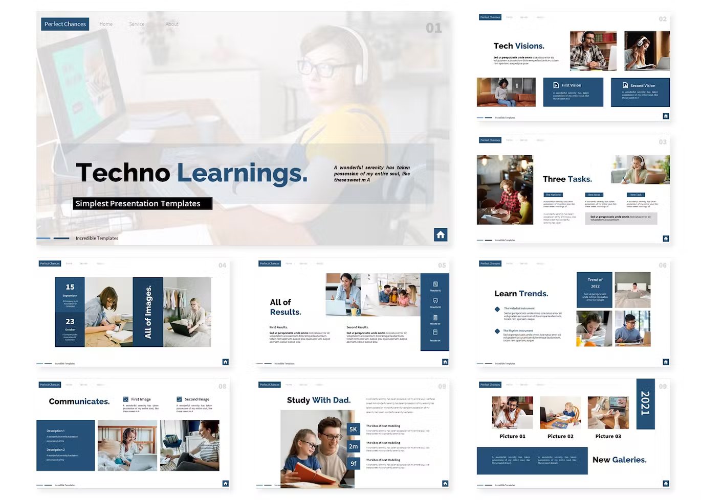 A set of 9 different techno learnings keynote templates in white, blue and black on a white background.