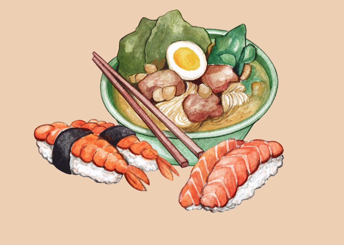 Watercolor illustration of ramen and 4 sushi on a pink background.