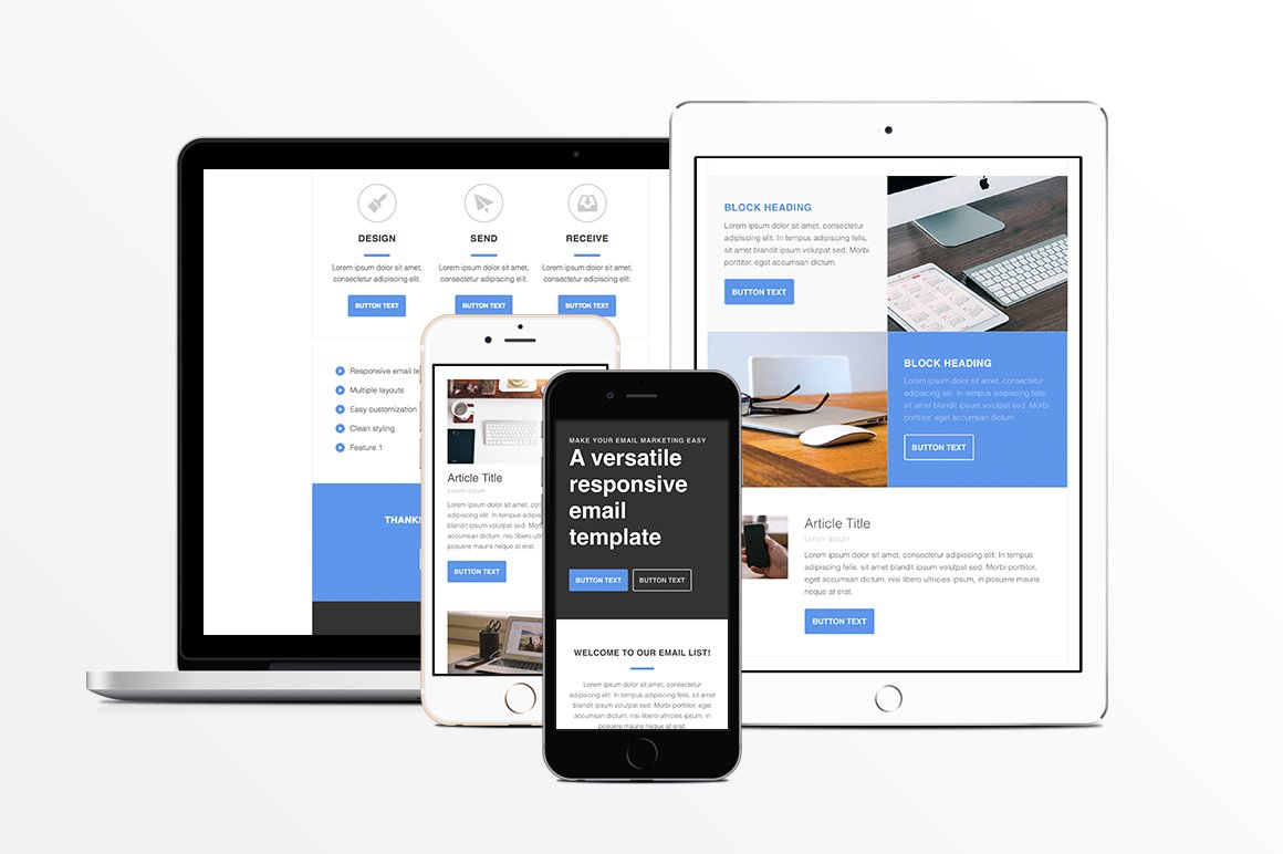 Image of a wonderfully responsive email design template on various devices.