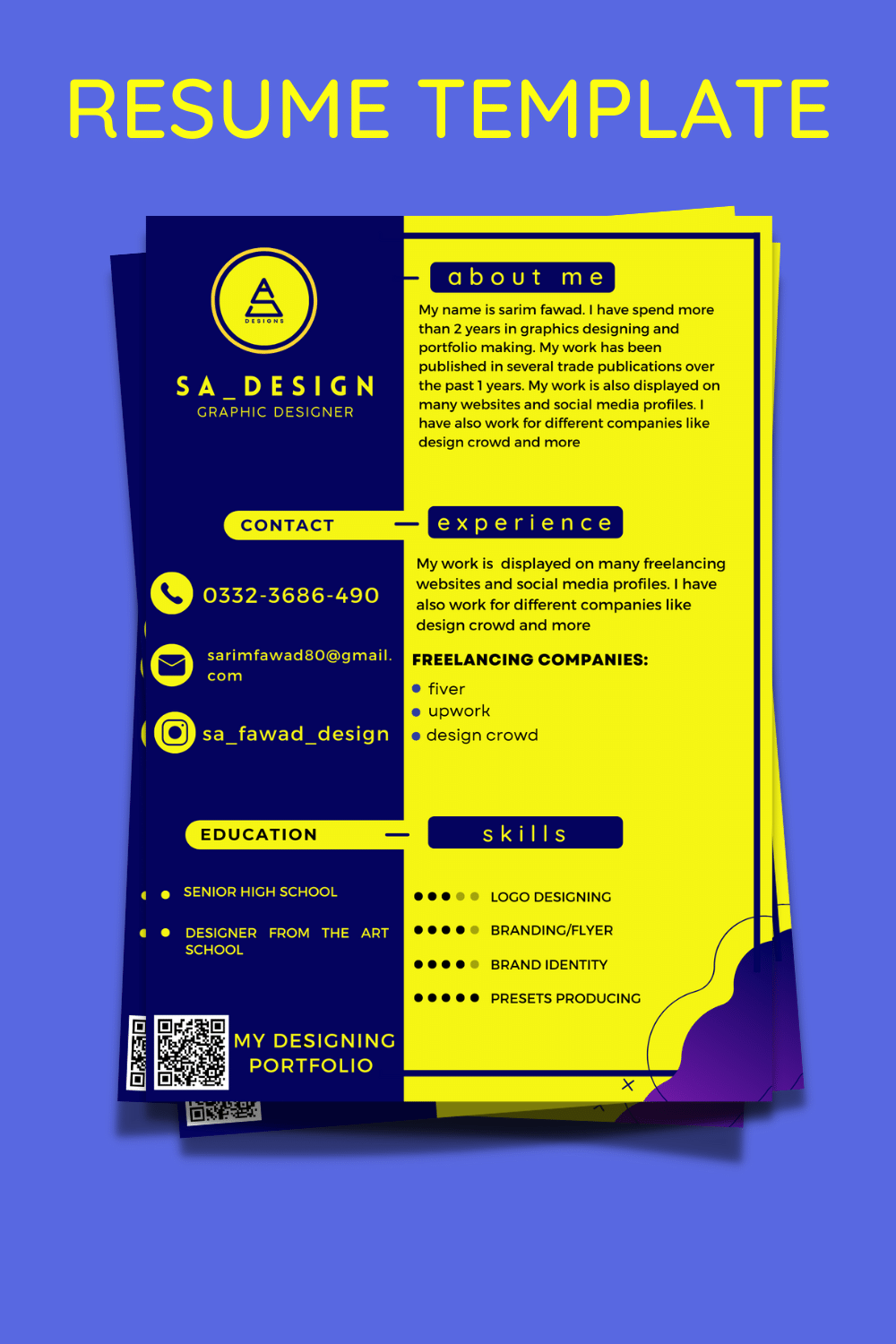Irresistible resume template image in blue and yellow colors.