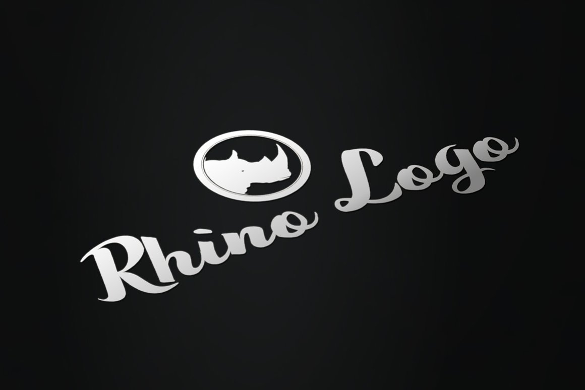 Black background with the silver rhino face and lettering for logo.