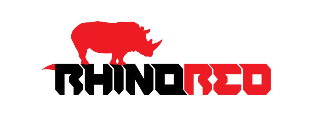 Black and red font with the rhino.