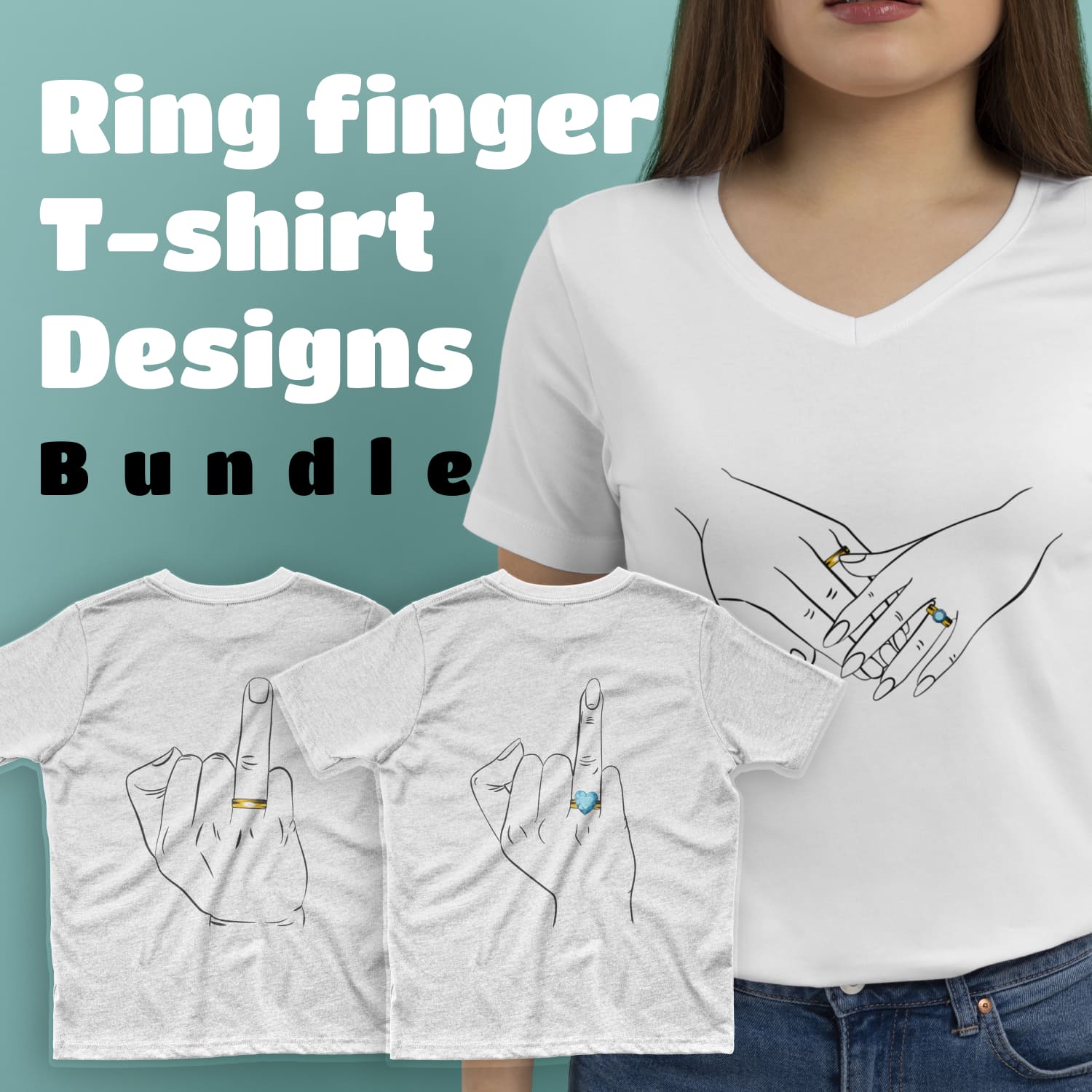 Collection of images of t-shirts with a charming print of a finger with a ring.