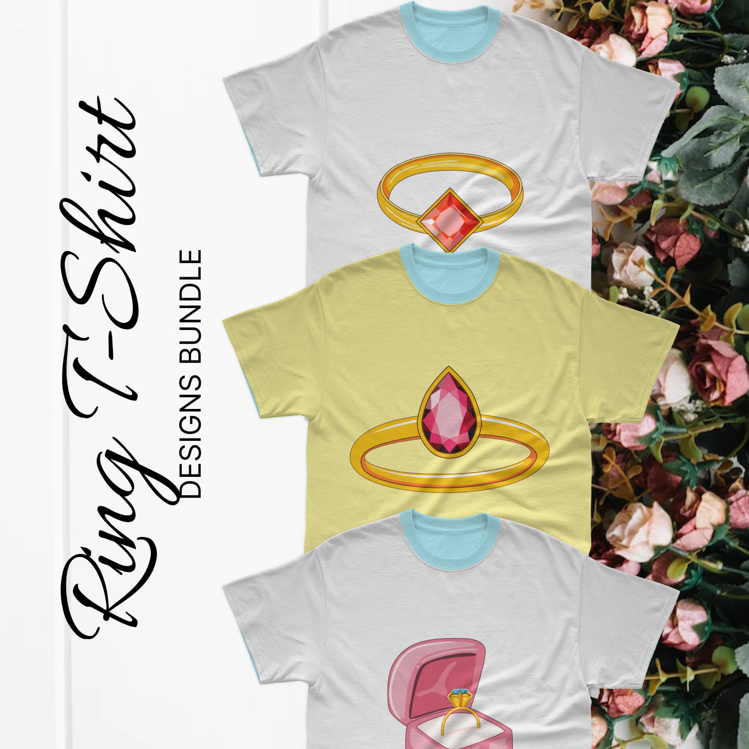 Set of t-shirt images with colorful prints of wedding rings.