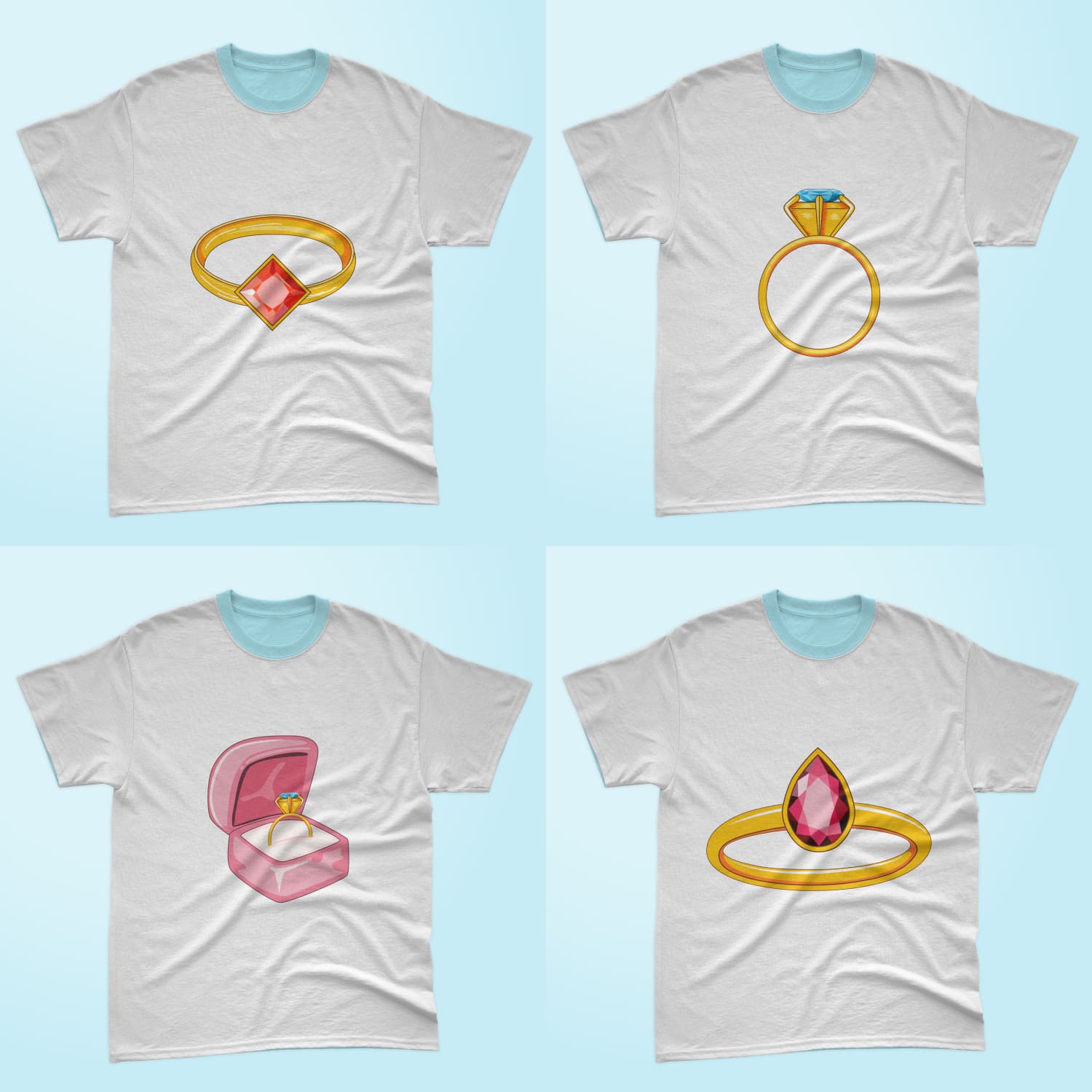 Collection of t-shirt images with beautiful prints of wedding rings.