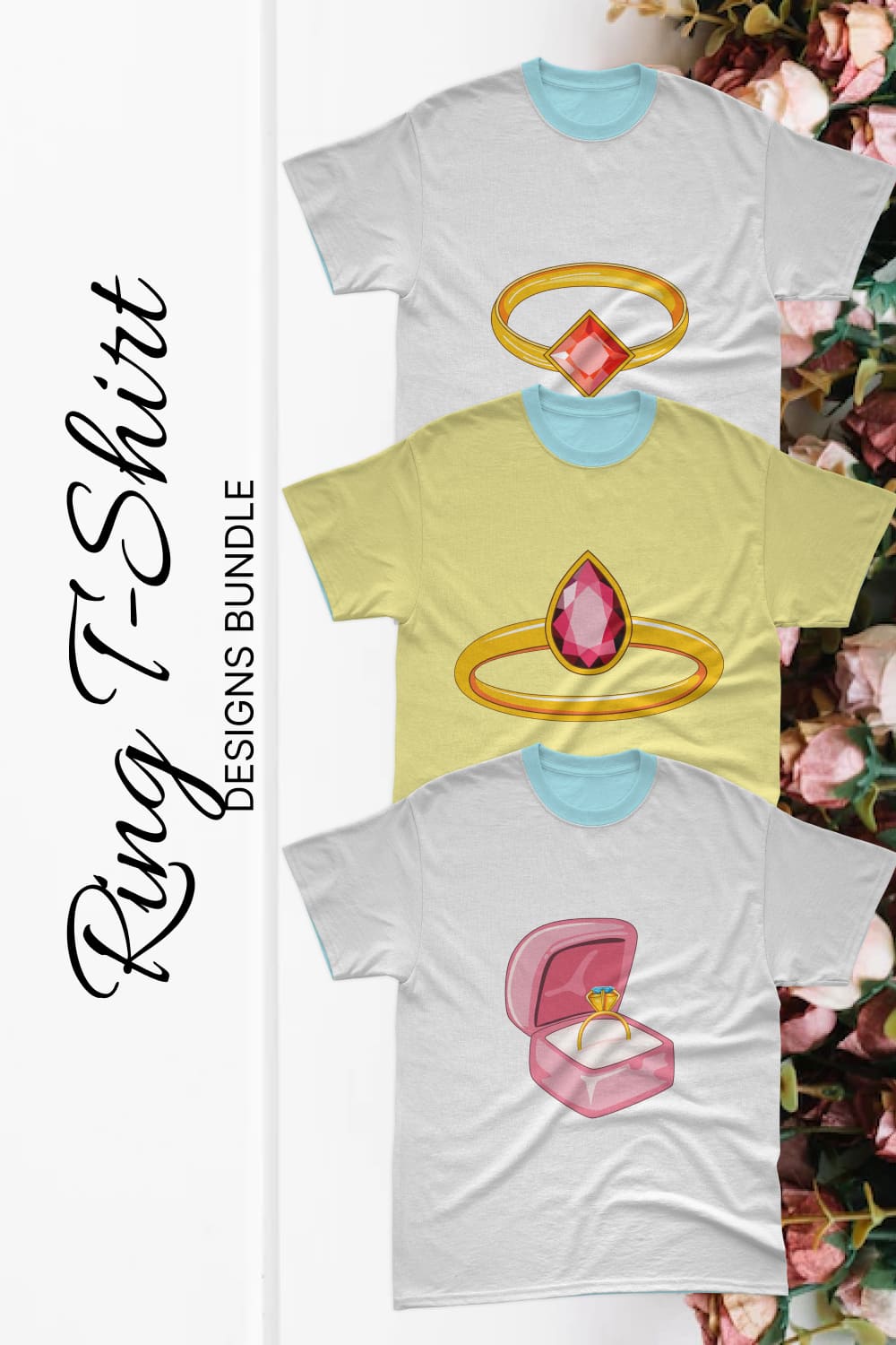 A pack of t-shirt images with adorable wedding ring prints.