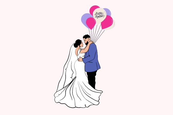 Illustration of a wedding couple with pink and lavender balloons and a white balloon labeled "Better together".