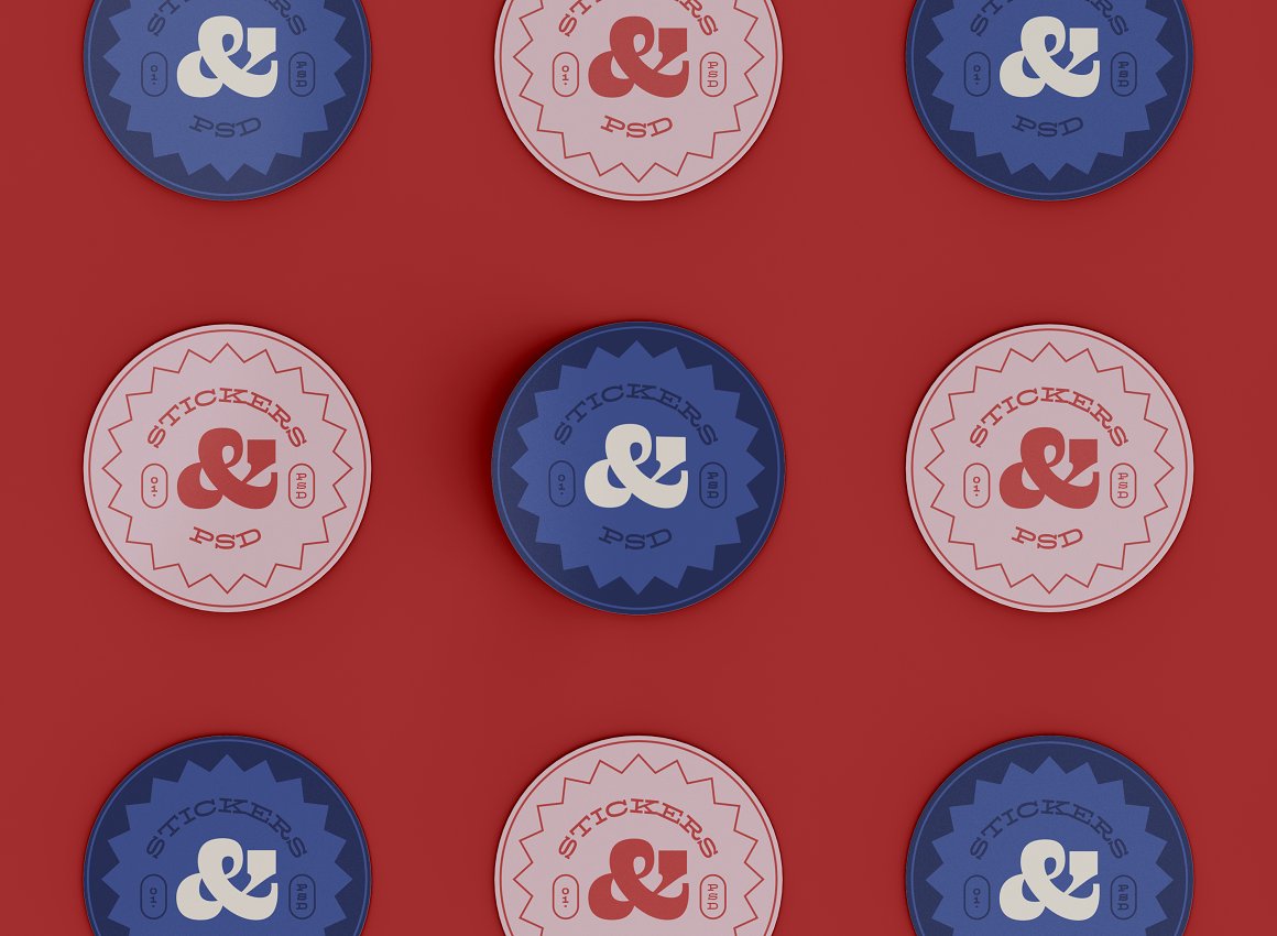Set of colorful stickers in a round shape on a red background.