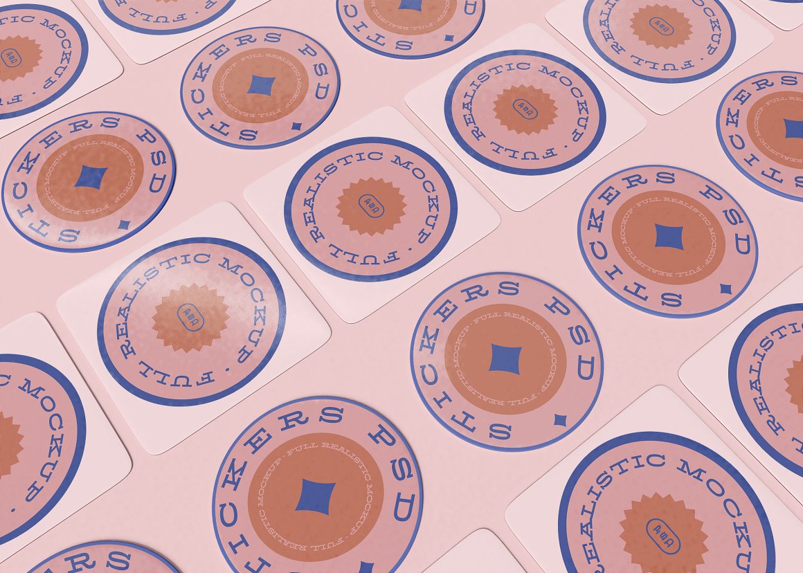 Image of colorful round stickers in pink colors.