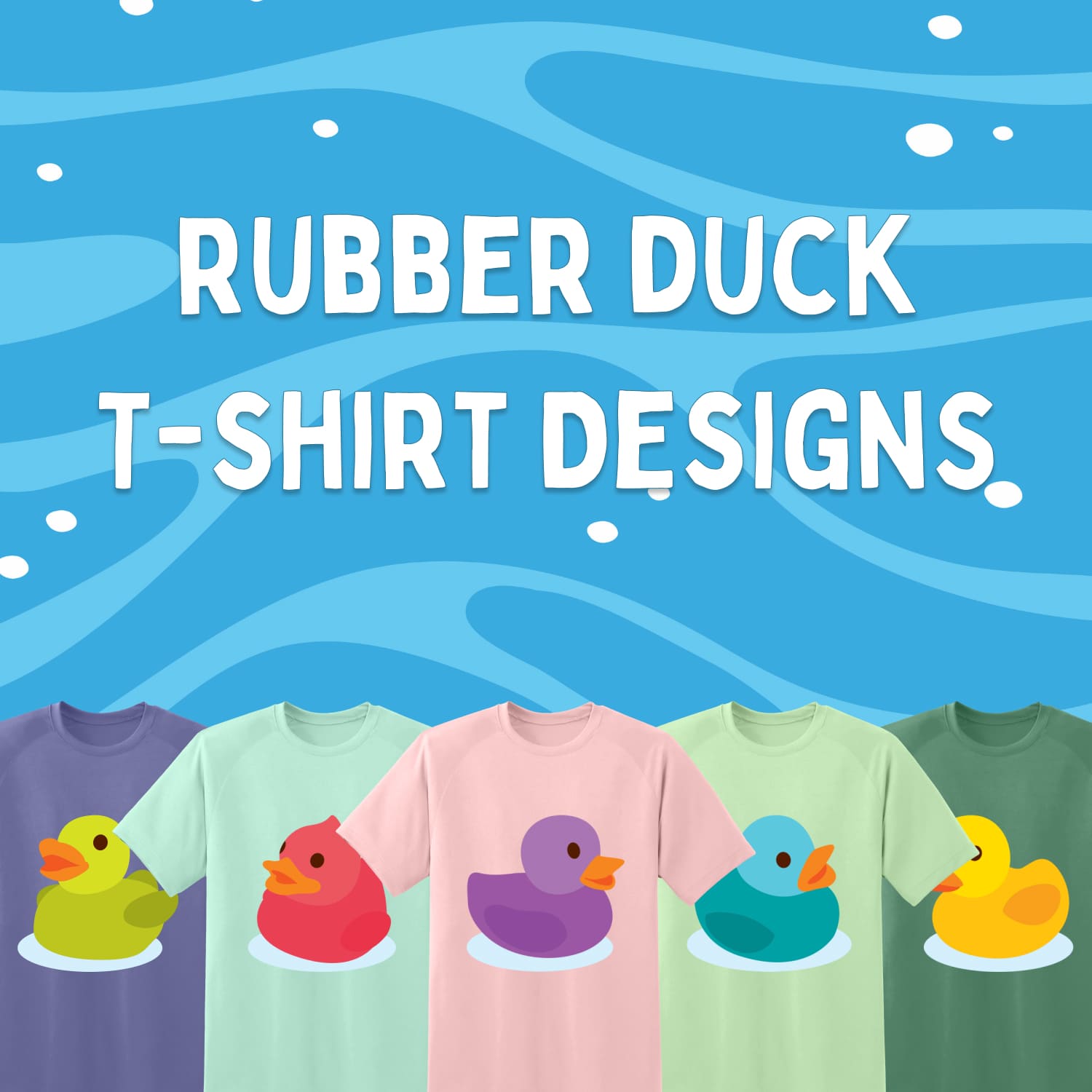 A selection of images of T-shirts with colorful prints of rubber ducks.