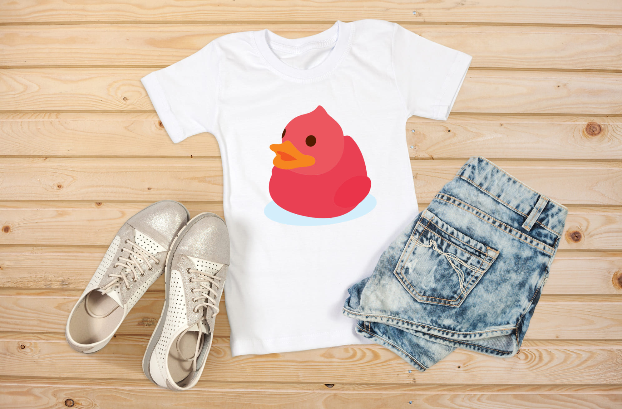 Image of a white t-shirt with an irresistible red rubber duck print.