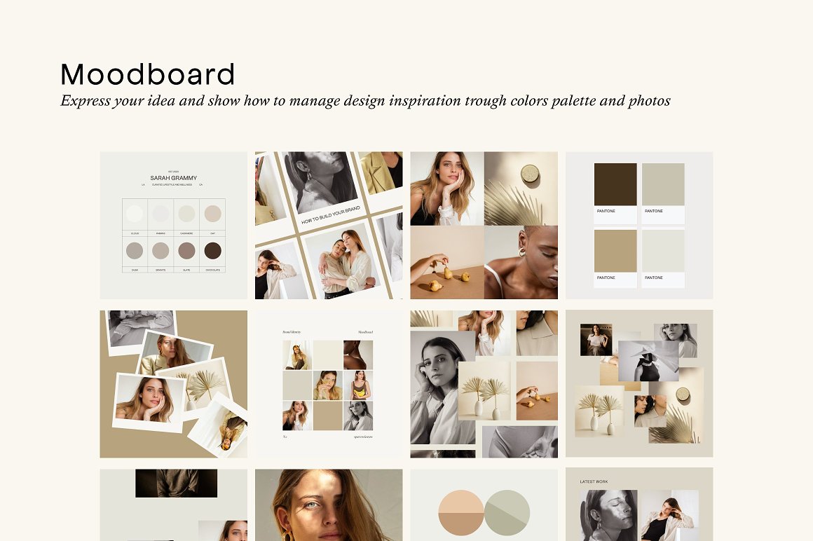 Black letterings "Moodboard" and "Express your idea and show how to manage design inspiration through colors palette and photos" and 12 different moodboards on a light grey background.
