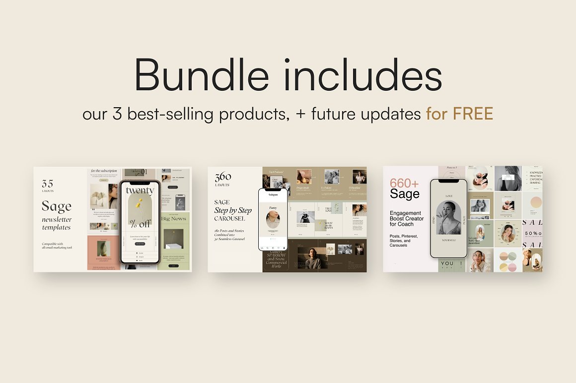 Black lettering "Bundle includes our 3 best-selling products, + future updates" with beige lettering "for FREE" and 3 different templates on a light grey background.