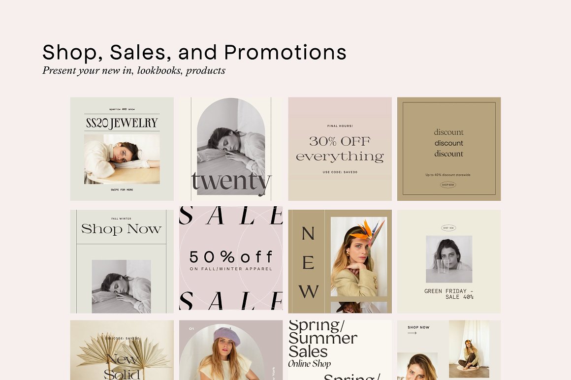 Black letterings "Shop, Sales, and Promotions" and "Present your new in, lookbooks, products" and 12 different sale or promotion layouts on a light grey background.