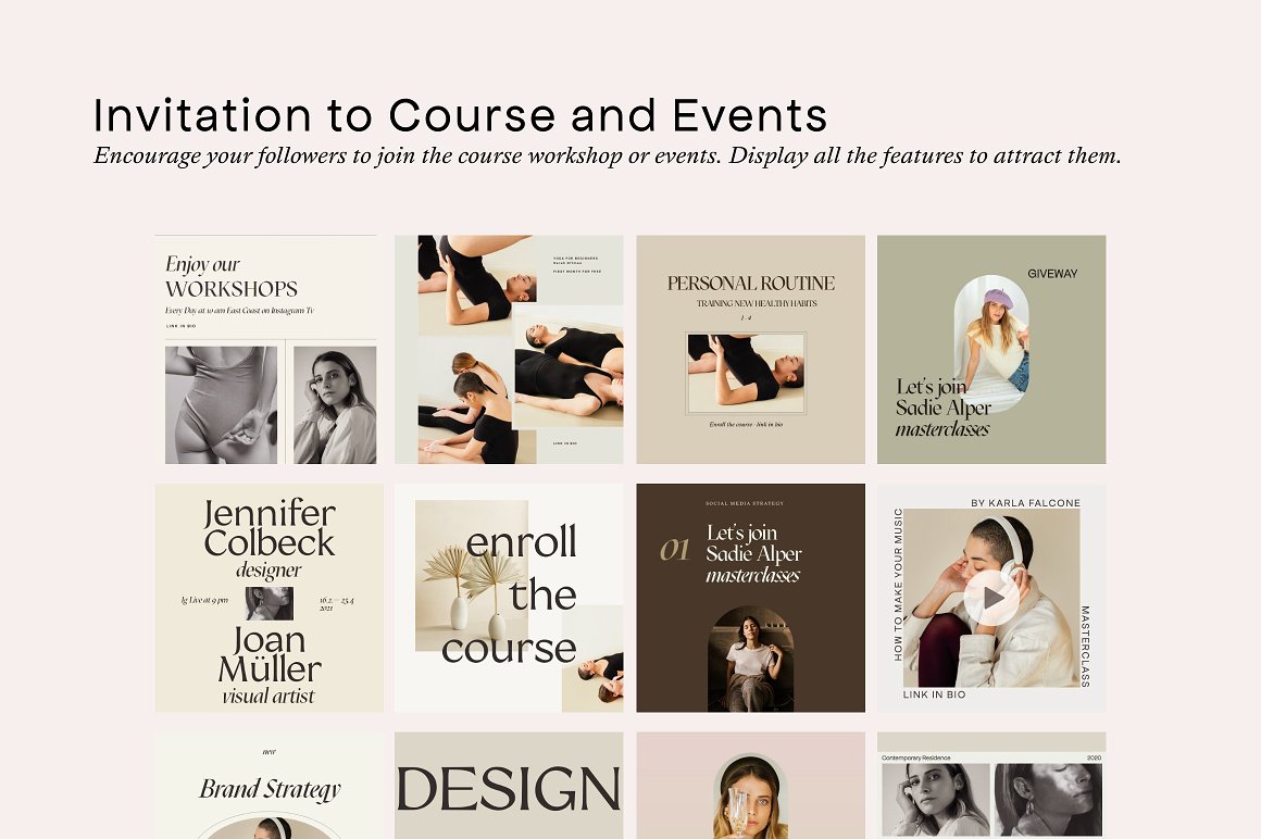 Black letterings "Invitation to Course and Events" and "Encourage your followers to join the course workshop or events. Display all the features to attract them." and 12 different invitaion layouts on a light grey background.