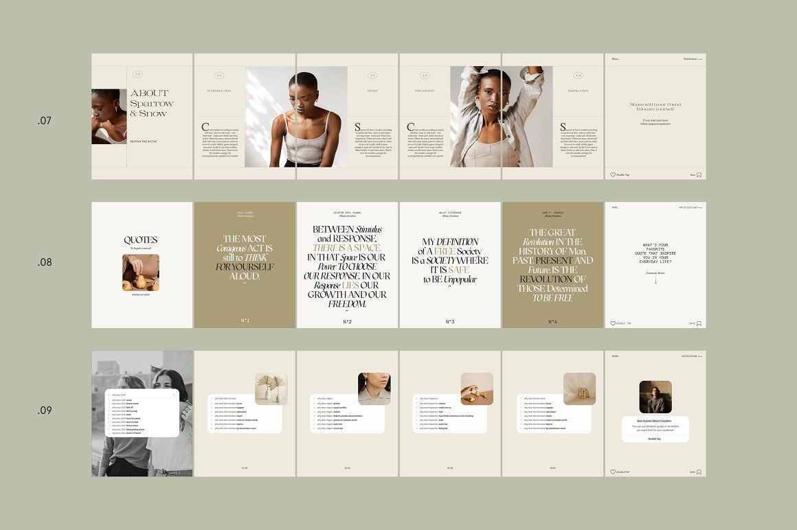 A set of different graphic layouts in pastel shades on a gray background.