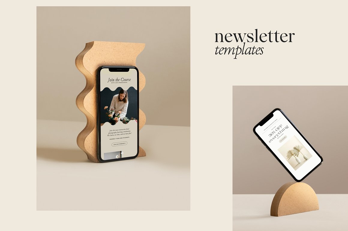 Black lettering "newsletter templates" and 2 images with black mockups iphone with different templates on a light gray background.