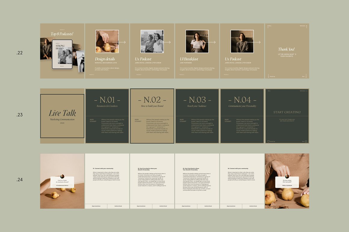 A set of different graphic layouts in pastel shades on a gray background.